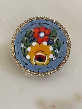 Handmade Millefiori Floral Round Button Pin in Blue and Yellow